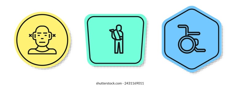 Set line Deaf, Human broken arm and Wheelchair. Colored shapes. Vector