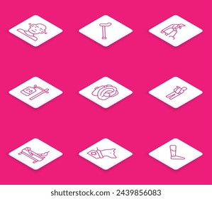 Set line Sordo, bastón de bastón, Abuela, bolsa IV, audífono, brazo roto humano, paciente con la pierna y el icono del perro guía. Vector