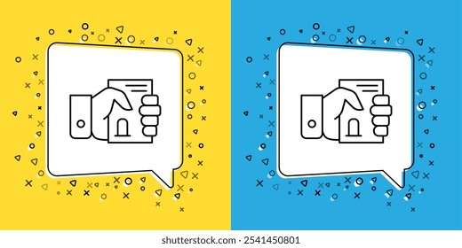 Fije el certificado de defunción en el icono de la mano aislado en el fondo amarillo y azul.  Vector