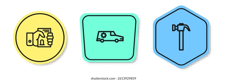 Set line Death certificate in hand, Hearse car and Hammer. Colored shapes. Vector