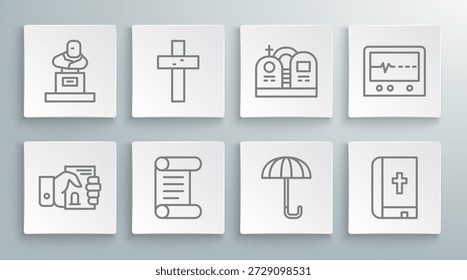 Fije el certificado de defunción en la mano, cruz cristiana, decreto, pergamino, pergamino, paraguas, libro de la Biblia sagrada, tumba con la lápida, golpear el monitor muerto y el icono. Vector