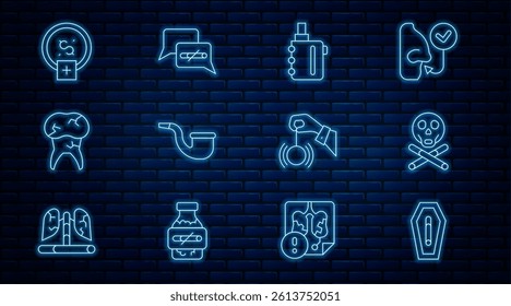 Set line Death from smoking, Bones and skull, Electronic cigarette, No pipe, Tooth with caries, Stop money saving, Hypnosis and  icon. Vector
