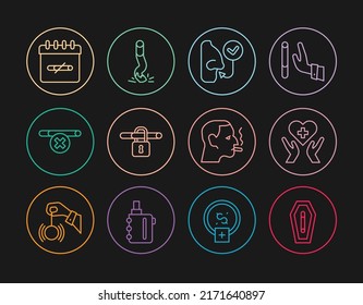 Set line Death from smoking, Heart with cross, Healthy breathing, No, days, Man cigarette and Cigarette butt icon. Vector