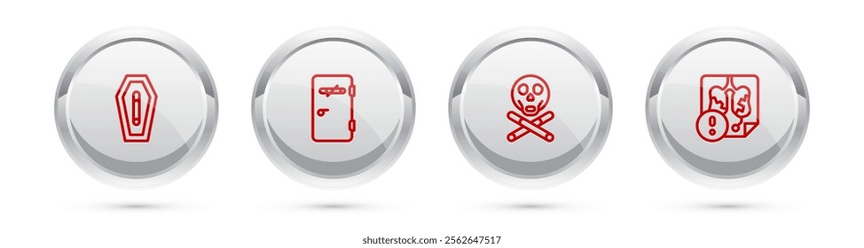 Set line Death from smoking, No area, Bones and skull and Disease lungs. Silver circle button. Vector