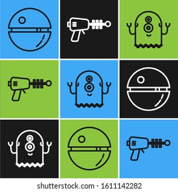 Set line Death star, Alien and Ray gun icon. Vector