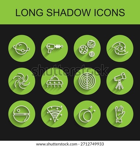 Set line Death star, Black hole, Planet, Moon and stars, Vulcan salute, UFO flying spaceship, Telescope and Earth structure icon. Vector