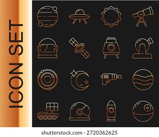 Definir linha Estrela da morte, Planeta, Observatório astronômico, Sol, Satélite, Capacete de astronauta e ícone do robô Marte. Vetor