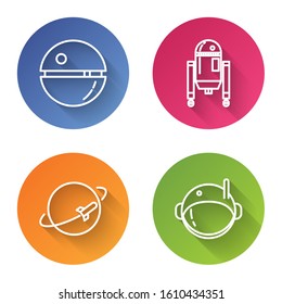 Set line Death star, Robot, Planet and Astronaut helmet. Color circle button. Vector