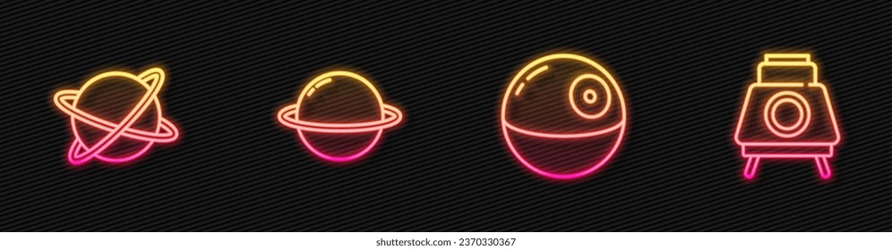 Set line Death star, Satellites orbiting the planet, Planet Saturn and Mars rover. Glowing neon icon. Vector