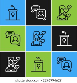 Legen Sie die Zeile Debate Podium rostrum, Liebe sich selbst und Geschlechtergleichstellung Symbol. Vektorgrafik