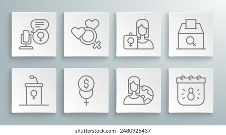 Set line Debate podium rostrum, Female gender, Feminism finance, Women from different countries, Calendar with 8 March, Feminist activist, vote right and Microphone icon. Vector