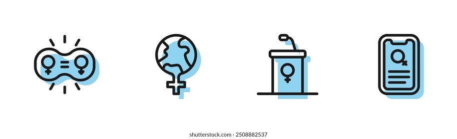 Tribuna de debate, Igualdad de género, Feminismo en el mundo e icono de App de citas. Vector