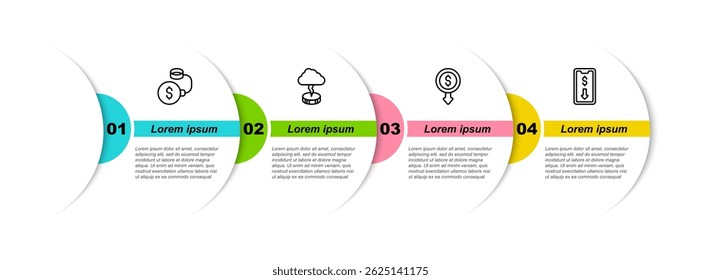 Set line Bola de deuda encadenada a la moneda, Tormenta, disminución de la tasa de dólar y comercio de acciones móviles. Plantilla de infografía de negocios. Vector