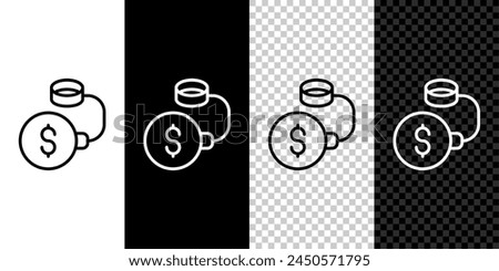 Set line Debt ball chained to dollar coin icon isolated on black and white, transparent background. Big heavy debt weight with shackles and money. Financial crime, fee, crisis.  Vector