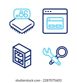 Set line Debugging, Computer, Search engine and Processor with microcircuits CPU icon. Vector