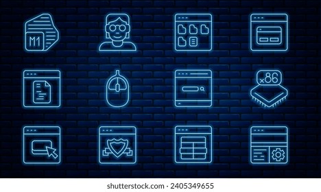 Set line Debugging, Processor with microcircuits CPU, Browser files, Computer mouse, Software, Search engine and Hacker coder icon. Vector
