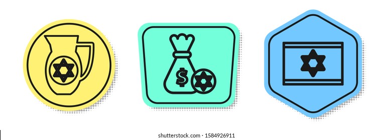 Set line Decanter with star of david, Jewish money bag with star of david and coin and Flag of Israel. Colored shapes. Vector