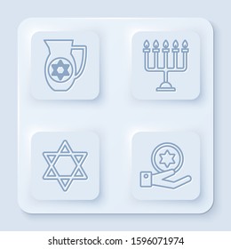 Set line Decanter with star of david, Hanukkah menorah, Star of David and Jewish coin on hand. White square button. Vector