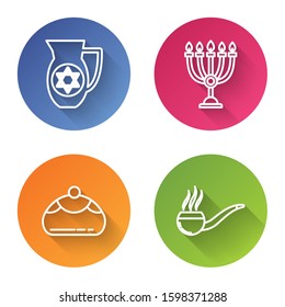 Set line Decanter with star of david, Hanukkah menorah, Jewish sweet bakery and Smoking pipe with smoke. Color circle button. Vector