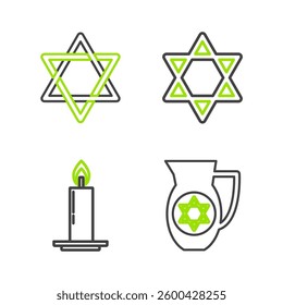 Set line Decanter with star of david, Burning candle in candlestick, Star David and  icon. Vector