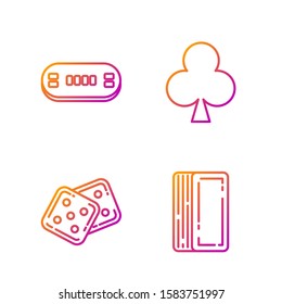 Set line Deck of playing cards, Game dice, Poker table and Playing card with clubs symbol. Gradient color icons. Vector