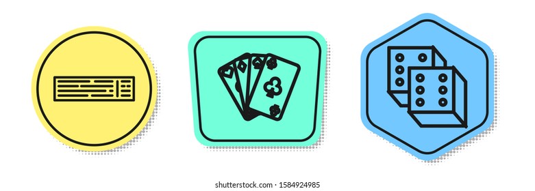 Set line Deck of playing cards, Playing cards and Game dice. Colored shapes. Vector