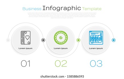 Set line Deck of playing cards, Casino roulette wheel and Online slot machine with lucky sevens jackpot. Business infographic template. Vector