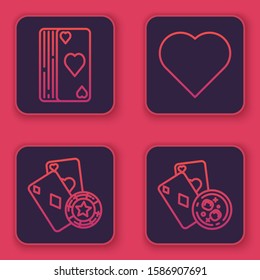 Set line Deck of playing cards, Casino chip and playing cards, Playing card with heart symbol and Playing cards and glass of whiskey with ice cubes. Blue square button. Vector