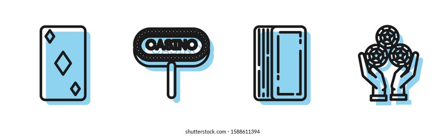 Set line Deck of playing cards, Playing card with diamonds symbol, Casino signboard and Hand holding casino chips icon. Vector