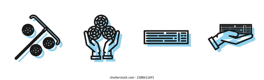 Set line Deck of playing cards, Stick for chips, Hand holding casino chips and Hand holding deck of playing cards icon. Vector