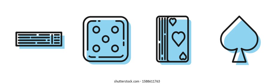 Set line Deck of playing cards, Deck of playing cards, Game dice and Playing card with spades symbol icon. Vector