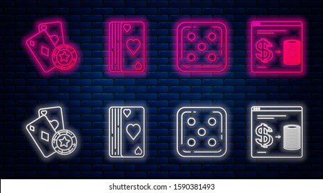 Set line Deck of playing cards, Game dice, Casino chip and playing cards and Online casino chips exchange on stacks of dollars. Glowing neon icon on brick wall. Vector