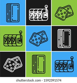 Set line Deck of playing cards, Game dice and Slot machine with lucky sevens jackpot icon. Vector