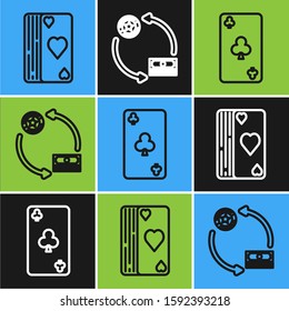 Set line Deck of playing cards, Playing card with clubs symbol and Casino chips exchange on stacks of dollars icon. Vector