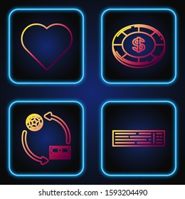 Set line Deck of playing cards, Casino chips exchange on stacks of dollars, Playing card with heart symbol and Casino chip with dollar symbol. Gradient color icons. Vector
