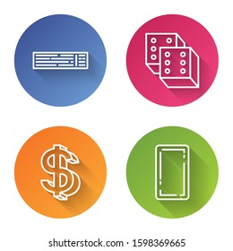Set line Deck of playing cards, Game dice, Dollar symbol and Playing card back. Color circle button. Vector