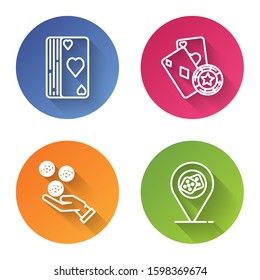 Set line Deck of playing cards, Casino chip and playing cards, Hand holding casino chips and Casino location. Color circle button. Vector