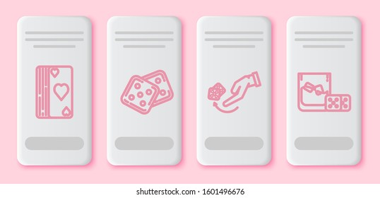 Set line Deck of playing cards, Game dice, Human hand throwing game dice and Game dice and glass of whiskey with ice cubes. White rectangle button. Vector