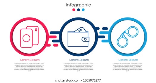 Set line Deck of playing cards, Wallet with money and Handcuffs. Business infographic template. Vector
