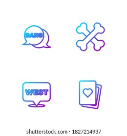 Fijar el juego de cartas, Puntero al oeste salvaje, Bang boom, pistola Comic y huesos humanos cruzados. Iconos de color de degradado. Vector