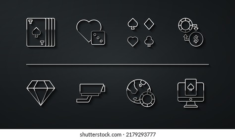 Set line Deck of playing cards, Diamond, Casino chips exchange money, Security camera, Game dice, Online poker table game and  icon. Vector