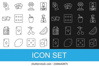 Set line Deck of playing cards, Casino slot machine with watermelon, Poker player, poker trophy cup, Game dice, Hand holding and Champagne bucket icon. Vector