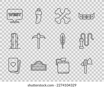 Fijar la línea Deck de cartas de juego, el hacha Tomahawk, huesos humanos cruzados, la puerta Saloon, el puntero al oeste salvaje, Pickaxe, botella de agua Canteen e icono del látigo de cuero. Vector