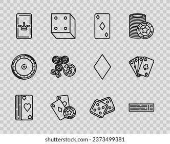 Set line Deck of playing cards, Playing with diamonds symbol, Casino chip and, Joker, chips, game dice glass whiskey ice cubes, Game and  icon. Vector