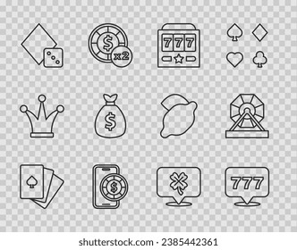 Set line Deck of playing cards, Slot machine with jackpot, Online poker table game, Game dice, Money bag, Casino slot clover and Lottery icon. Vector