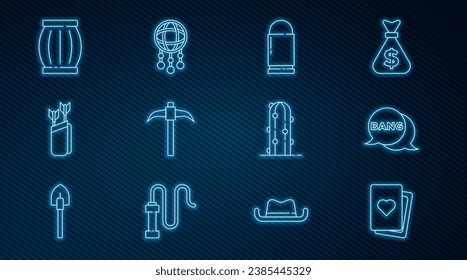 Set line Deck of playing cards, Bang boom, gun Comic, Bullet, Pickaxe, Quiver with arrows, Gun powder barrel, Cactus and Dream catcher feathers icon. Vector