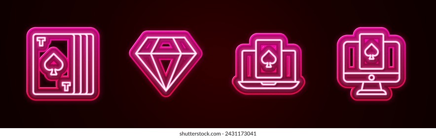 Deck de la línea de juego de cartas, Diamante, juego de mesa de póquer en línea y . Icono de neón brillante. Vector