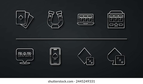 Set line Deck of playing cards, Alcohol bar location, Slot machine with jackpot, Game dice, Online poker table game, Horseshoe,  and slot icon. Vector