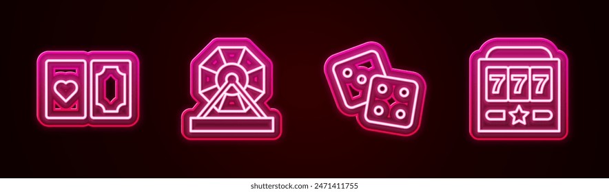 Set line Deck of playing cards, Lottery machine, Game dice and Slot with jackpot. Glowing neon icon. Vector