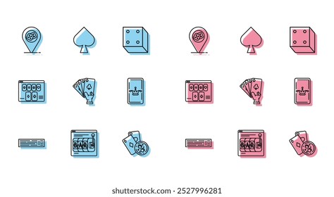 Set line Deck of playing cards, Online slot machine, Casino location, Playing and glass whiskey with ice cubes, Hand holding, Joker, poker table game and spades symbol icon. Vector